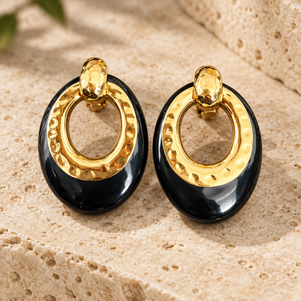GAS BIJOUX - BOUCLES D'OREILLES SELVA GRAND MODELE DORÉ - ACETATE NOIR - CLIPS