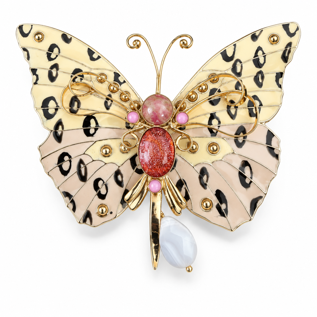 GAS BIJOUX - BROCHE BUTTERFLY DORÉE - ÉMAIL JAUNE ET BEIGE