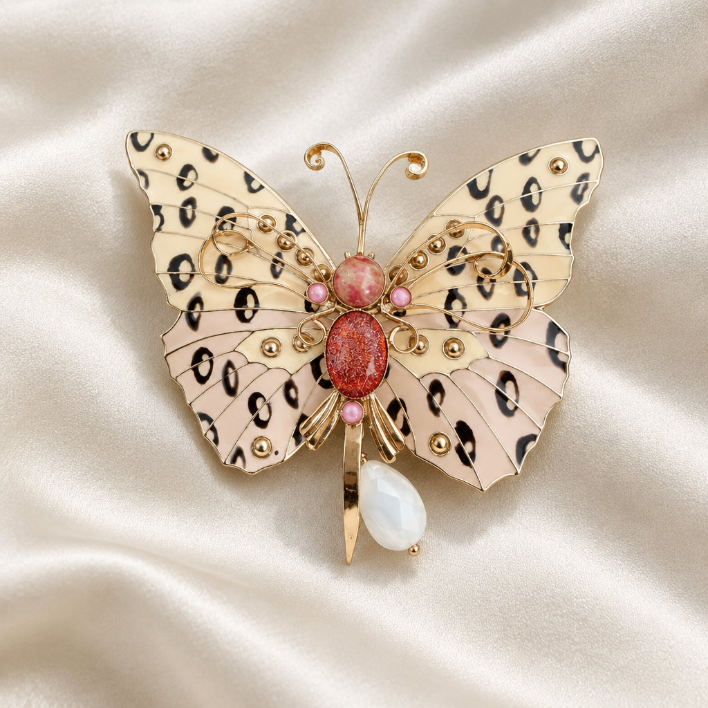 GAS BIJOUX - BROCHE BUTTERFLY DORÉE - ÉMAIL JAUNE ET BEIGE