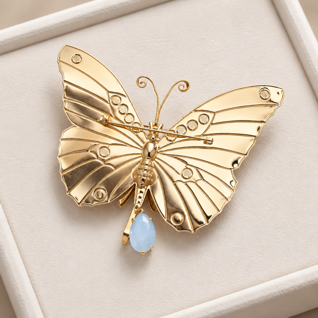 GAS BIJOUX - BROCHE BUTTERFLY DORÉE - ÉMAIL JAUNE ET BEIGE