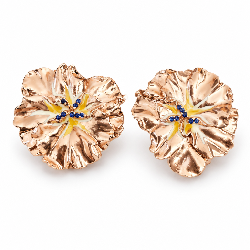 GAS BIJOUX - BOUCLES D'OREILLES PENSEE CLIPS DORÉES - ÉMAIL JAUNE ET CRISTAUX MARINE