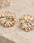GAS BIJOUX - BOUCLES D'OREILLES PENSEE CLIPS DORÉES - ÉMAIL JAUNE ET CRISTAUX MARINE