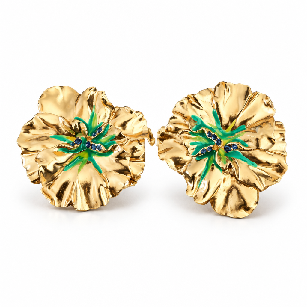 GAS BIJOUX - BOUCLES D'OREILLES PENSEE DORÉES CLIPS - ÉMAIL VERT ET CRISTAUX MARINE