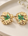 GAS BIJOUX - BOUCLES D'OREILLES PENSEE DORÉES CLIPS - ÉMAIL VERT ET CRISTAUX MARINE