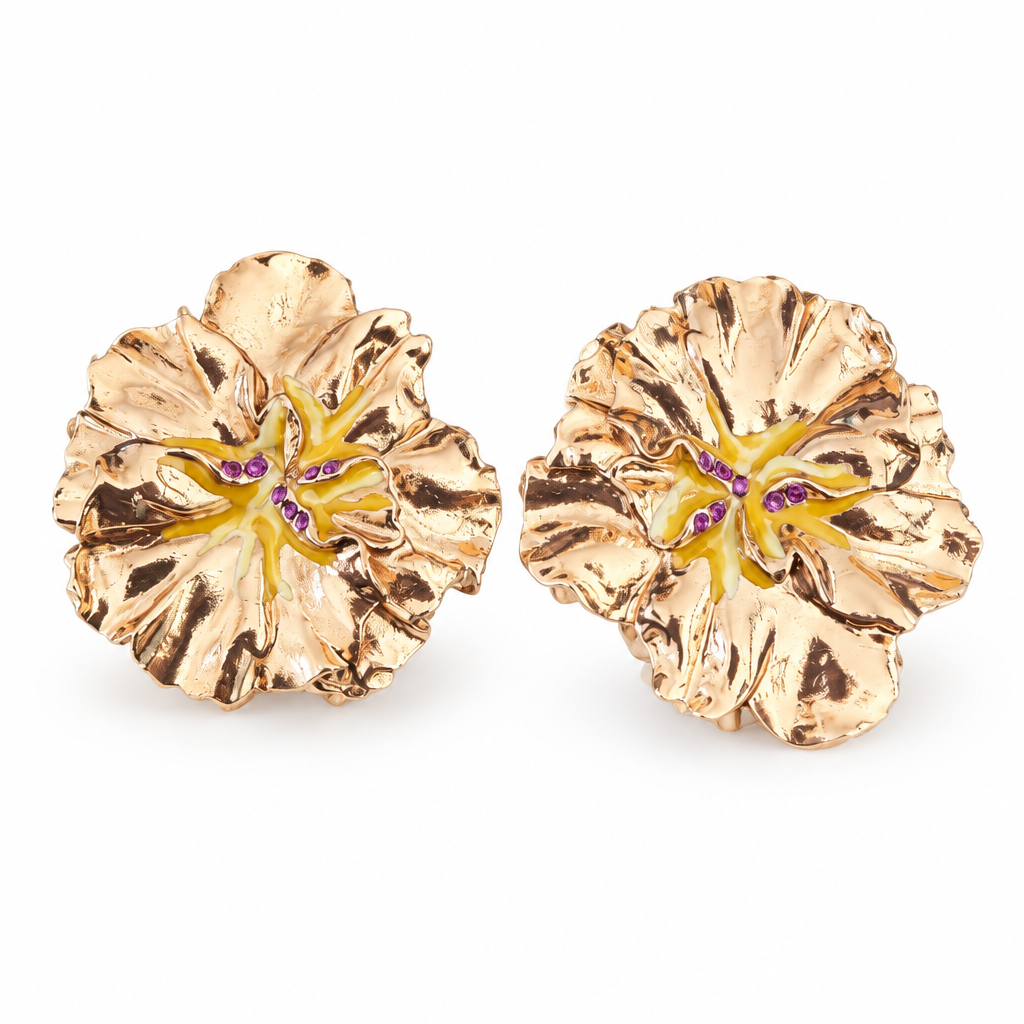 GAS BIJOUX - BOUCLES D'OREILLE PENSEE CLIPS - EMAIL JAUNE ET CRISTAUX MAUVE