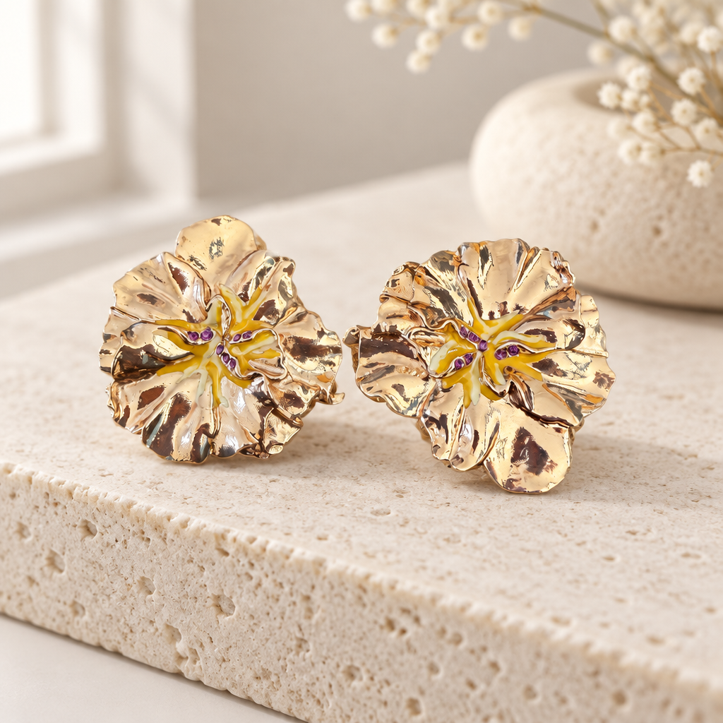 GAS BIJOUX - BOUCLES D'OREILLE PENSEE CLIPS - EMAIL JAUNE ET CRISTAUX MAUVE