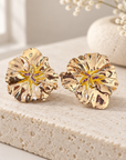 GAS BIJOUX - BOUCLES D'OREILLE PENSEE CLIPS - EMAIL JAUNE ET CRISTAUX MAUVE