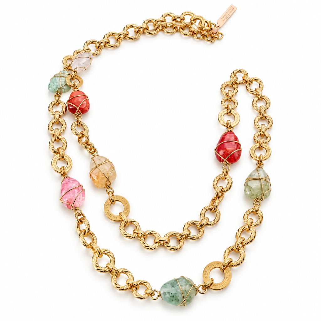 GAS BIJOUX - SAUTOIR RAINBOW DORÉ - QUARTZ, CITRINE, CORNALINE, AMAZONITE ET VESSONITE