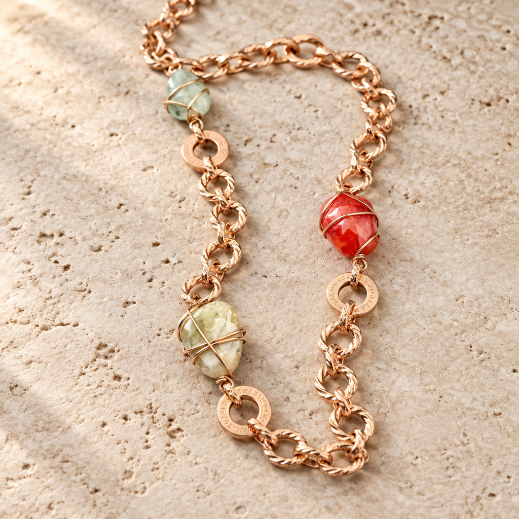 GAS BIJOUX - SAUTOIR RAINBOW DORÉ - QUARTZ, CITRINE, CORNALINE, AMAZONITE ET VESSONITE