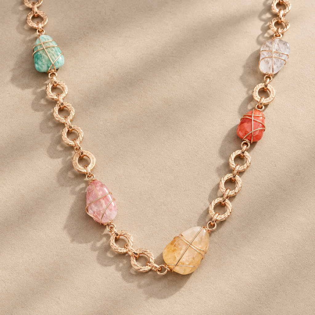 GAS BIJOUX - SAUTOIR RAINBOW DORÉ - QUARTZ, CITRINE, CORNALINE, AMAZONITE ET VESSONITE