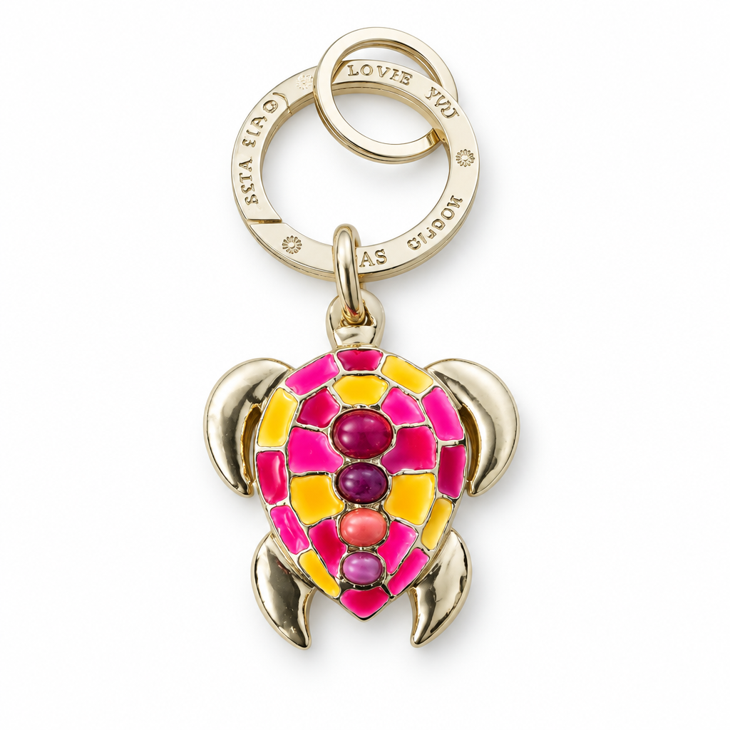 GAS BIJOUX - PORTE CLES TORTUE DOREE - ÉMAIL ROSE FLUO ET JAUNE
