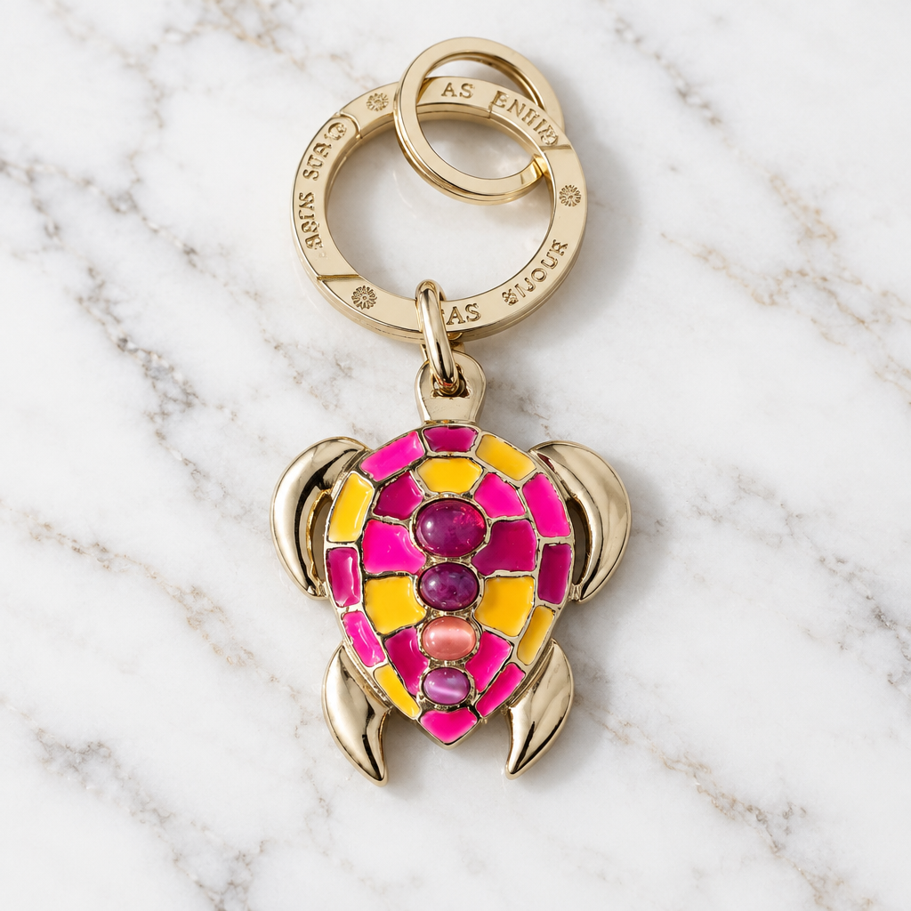 GAS BIJOUX - PORTE CLES TORTUE DOREE - ÉMAIL ROSE FLUO ET JAUNE