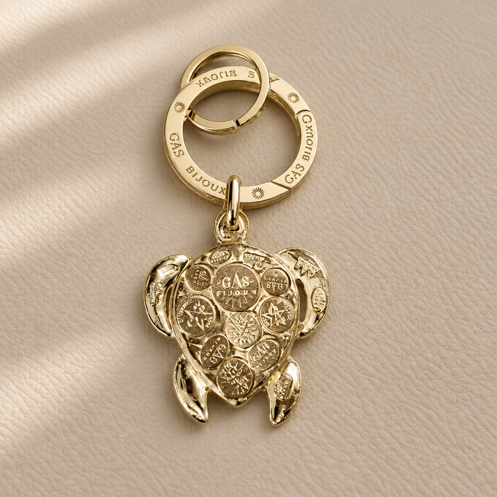 GAS BIJOUX - PORTE CLES TORTUE DOREE - ÉMAIL ROSE FLUO ET JAUNE