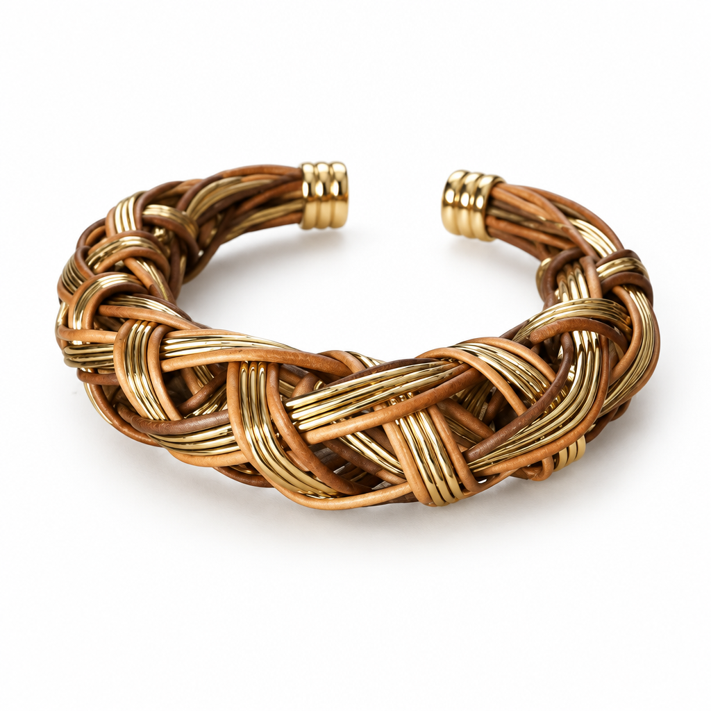 GAS BIJOUX - BRACELET JONC FILEO DORÉ ET CUIR NATUREL - AJUSTABLE