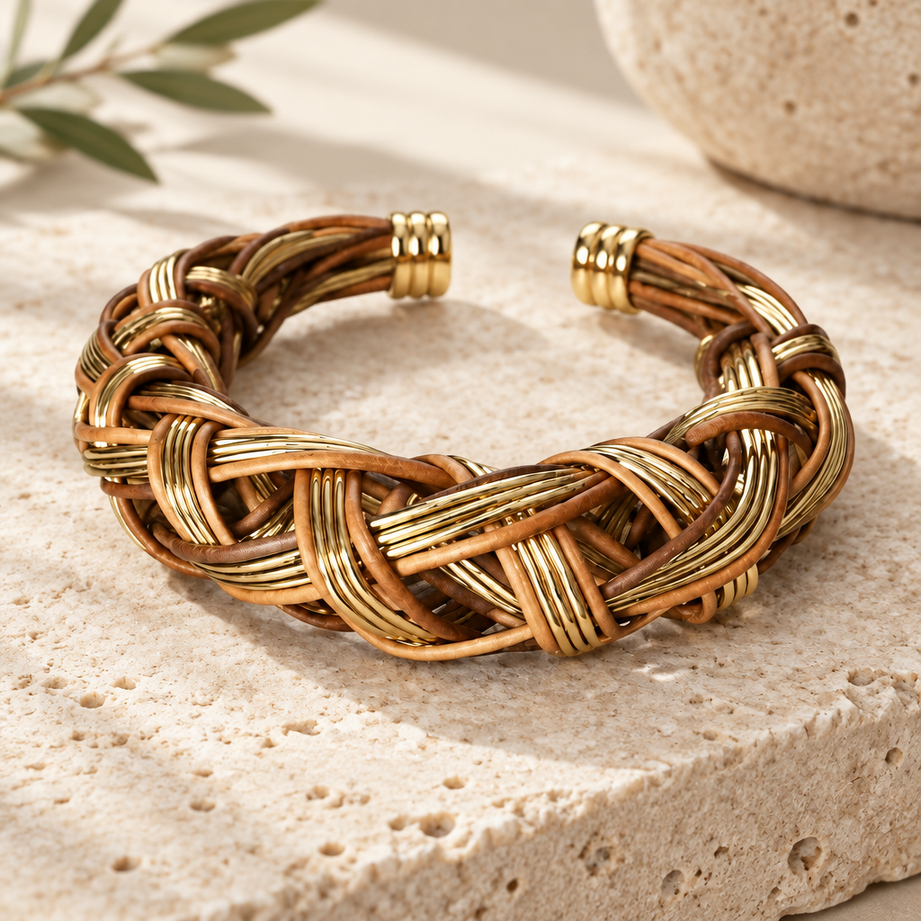 GAS BIJOUX - BRACELET JONC FILEO DORÉ ET CUIR NATUREL - AJUSTABLE