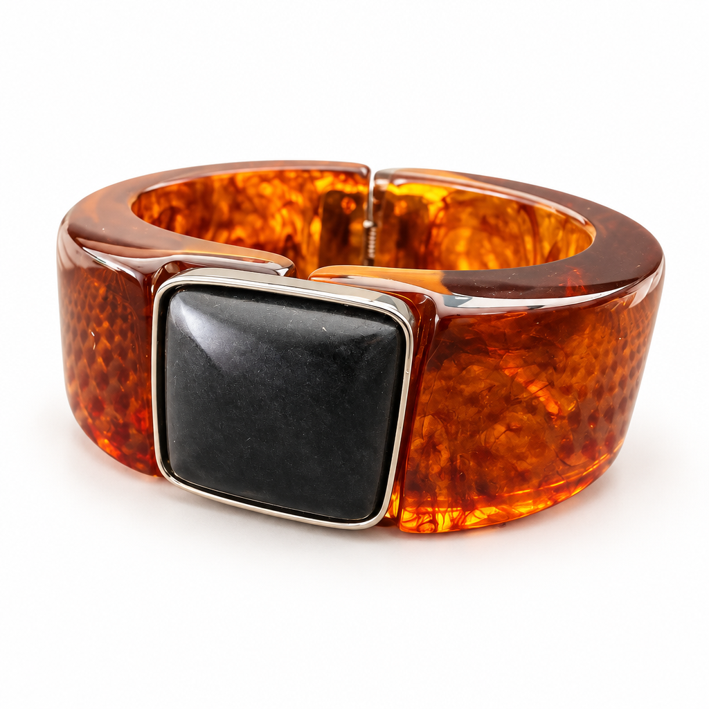 GAS BIJOUX - BRACELET ARTY ACÉTATE DORÉ - ACETATE MARBRE MARRON - AGATE NOIRE