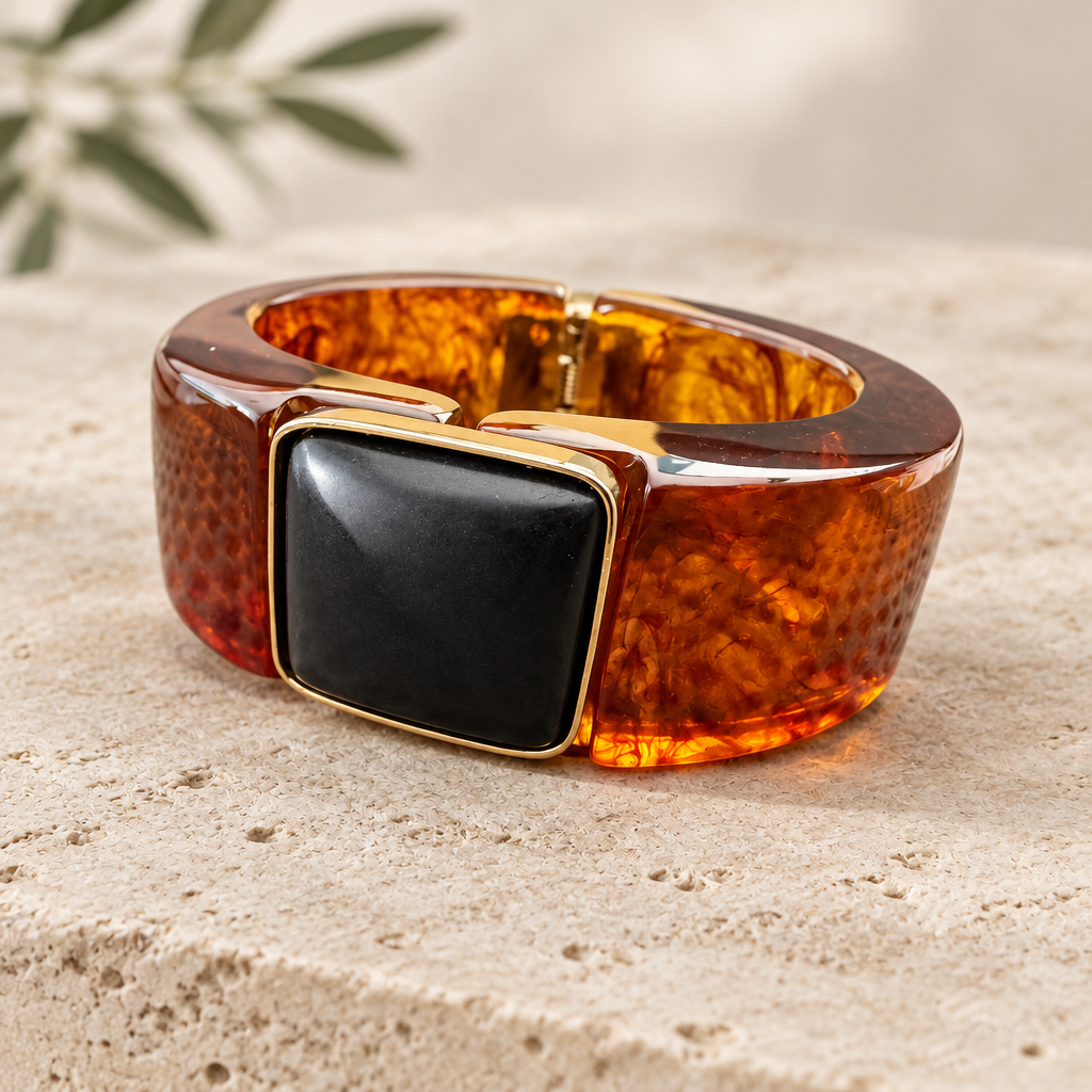 GAS BIJOUX - BRACELET ARTY ACÉTATE DORÉ - ACETATE MARBRE MARRON - AGATE NOIRE
