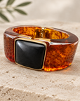 GAS BIJOUX - BRACELET ARTY ACÉTATE DORÉ - ACETATE MARBRE MARRON - AGATE NOIRE
