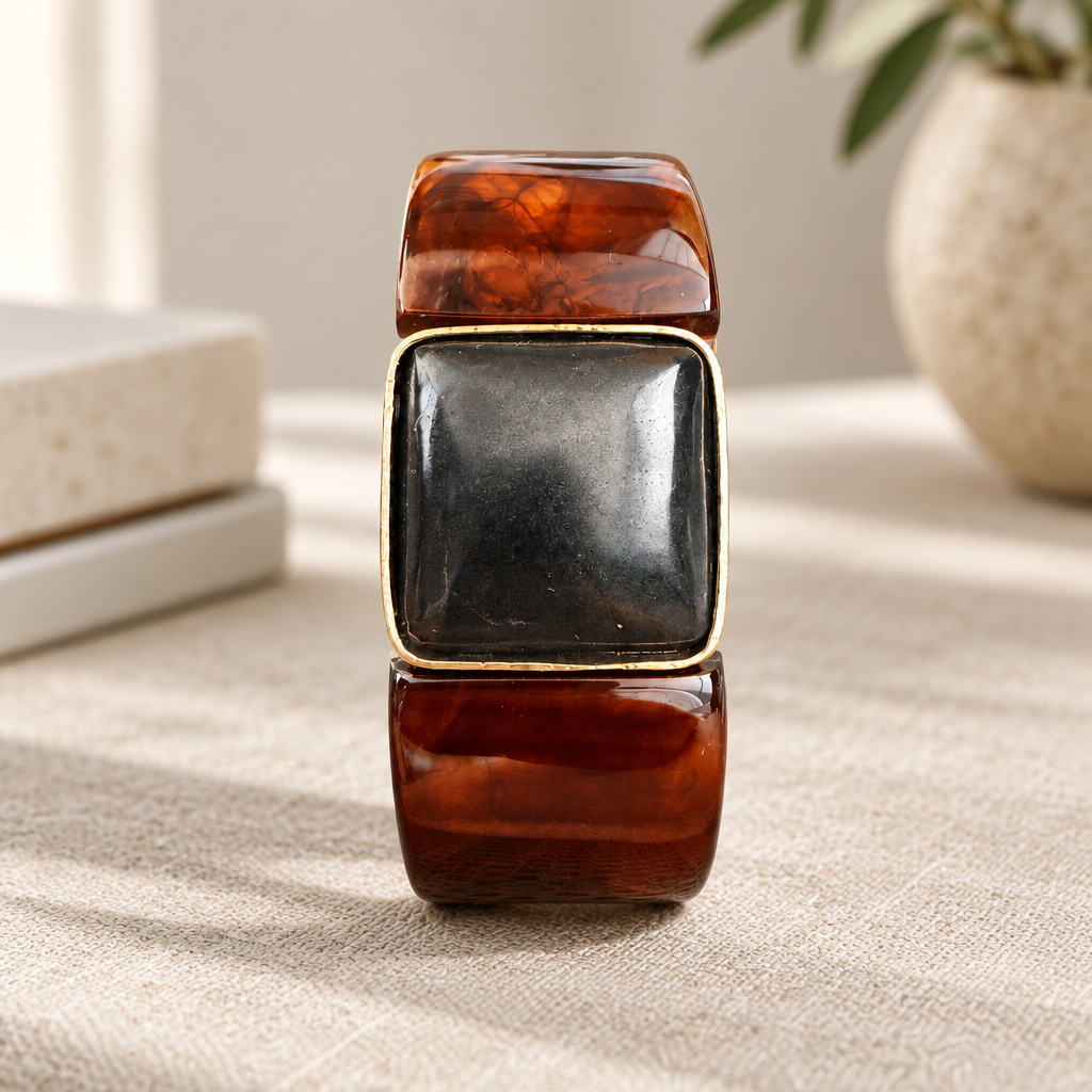GAS BIJOUX - BRACELET ARTY ACÉTATE DORÉ - ACETATE MARBRE MARRON - AGATE NOIRE