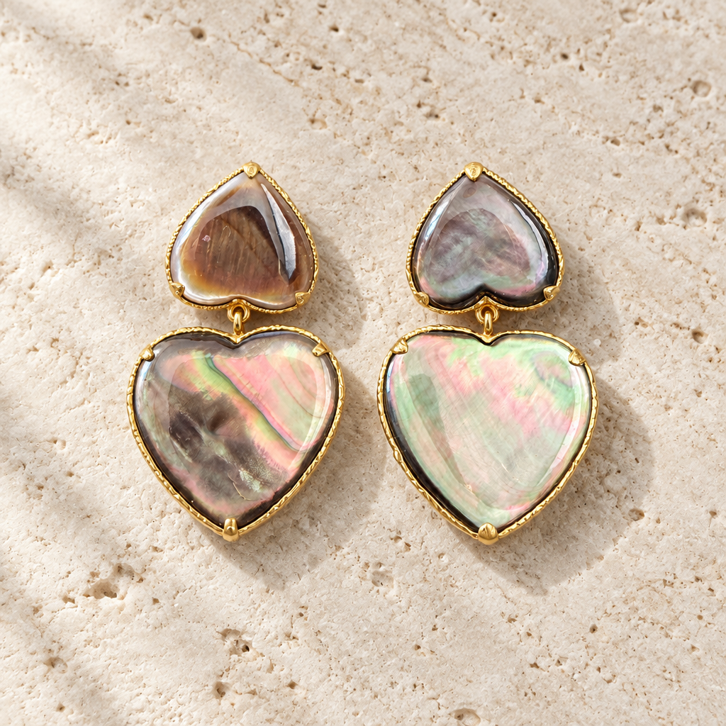 GAS BIJOUX - BOUCLES D'OREILLES  GISELE COEUR GRAND MODELE DORÉES - NACGRE GRISE