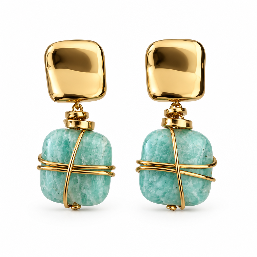 GAS BIJOUX - BOUCLES D'OREILLES RAINBOW SQUARE PETIT MODELE DORÉES - AMAZONITE