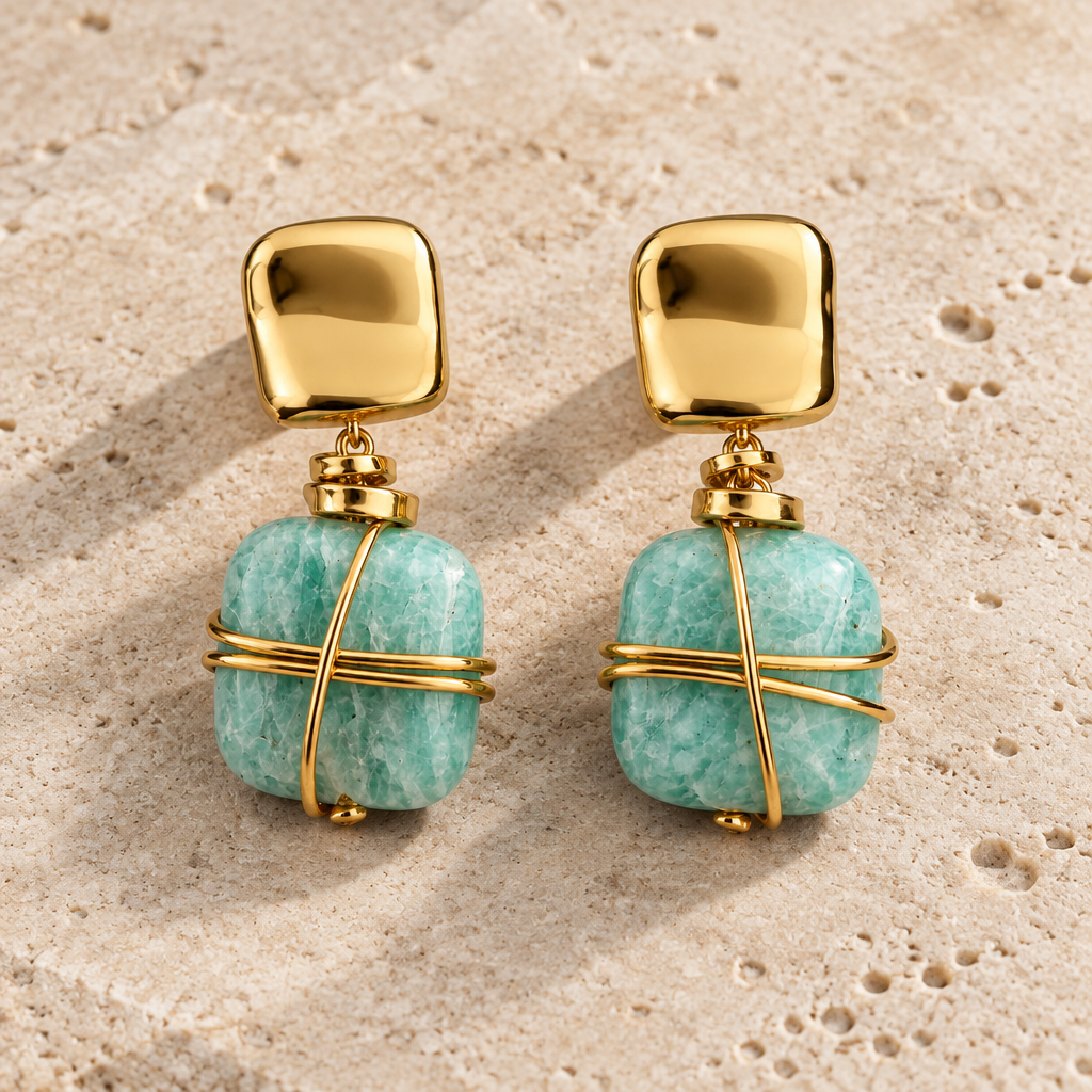 GAS BIJOUX - BOUCLES D'OREILLES RAINBOW SQUARE PETIT MODELE DORÉES - AMAZONITE
