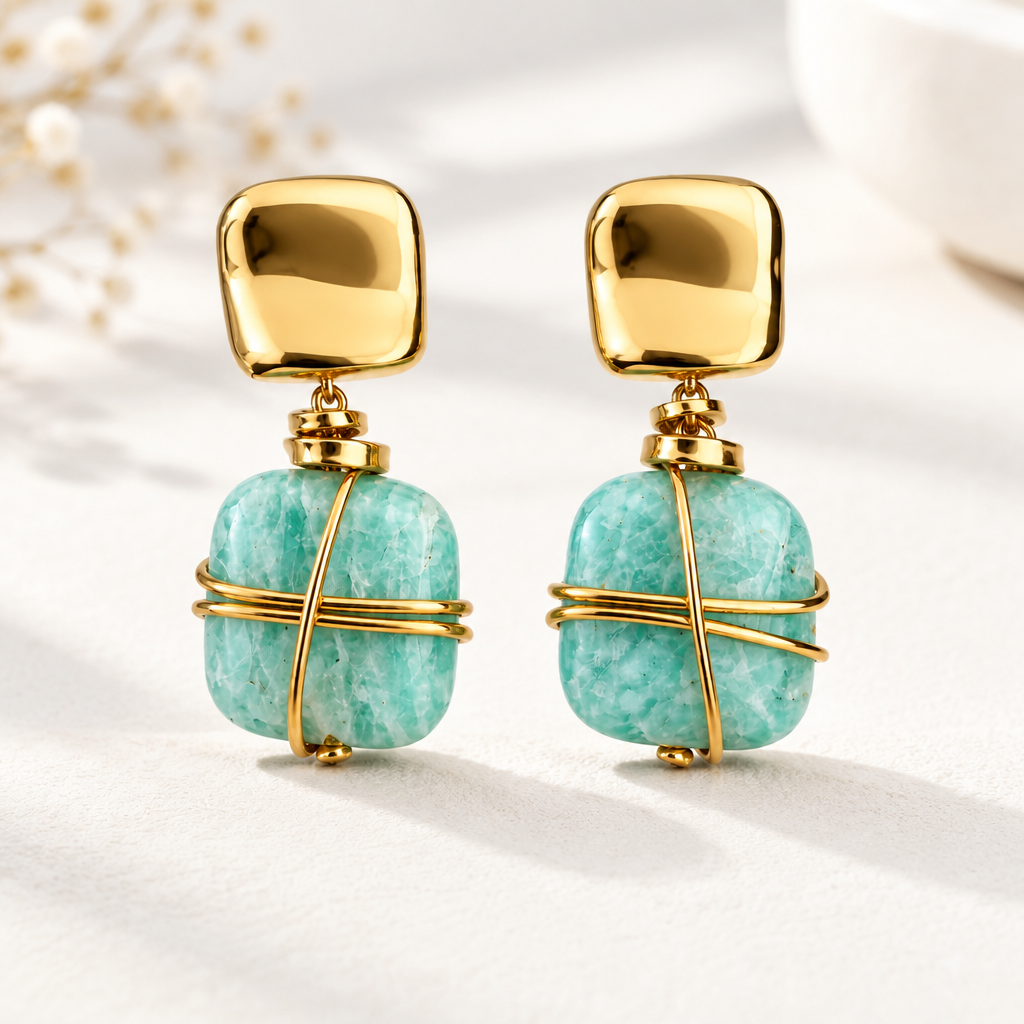 GAS BIJOUX - BOUCLES D'OREILLES RAINBOW SQUARE PETIT MODELE DORÉES - AMAZONITE