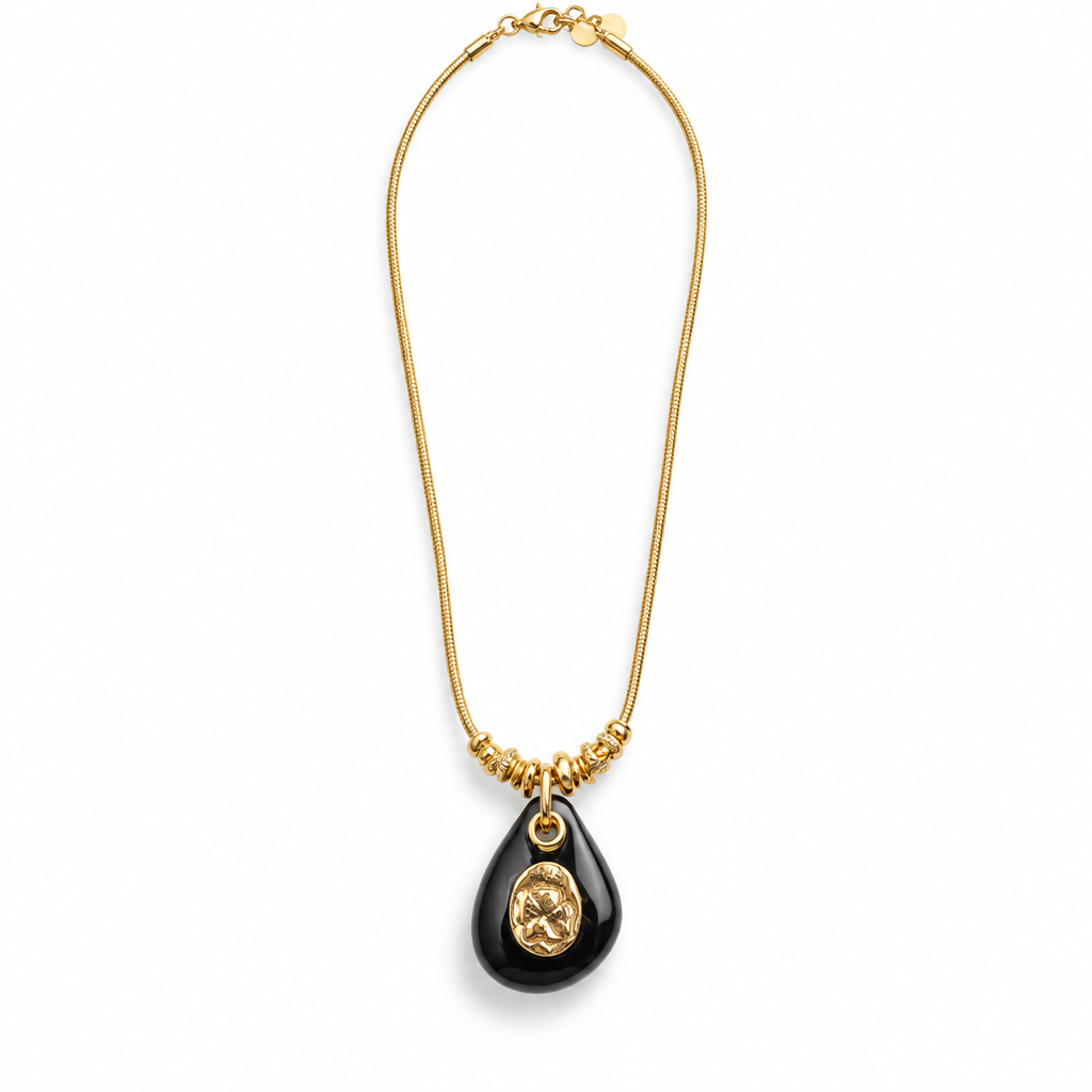 GAS BIJOUX - COLLIER GALET TREFLE DORÉ - ONYX NOIR