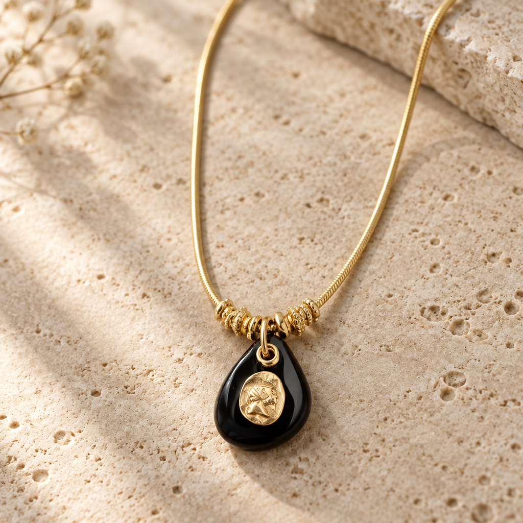 GAS BIJOUX - COLLIER GALET TREFLE DORÉ - ONYX NOIR