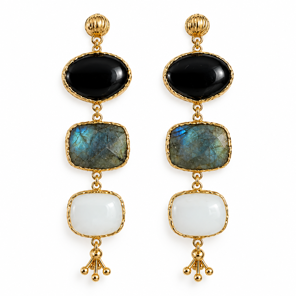 GAS BIJOUX - BOUCLES D'OREILLES SILENE DORÉES - ONYX, LABRADORITE, AGATE BLANCHE