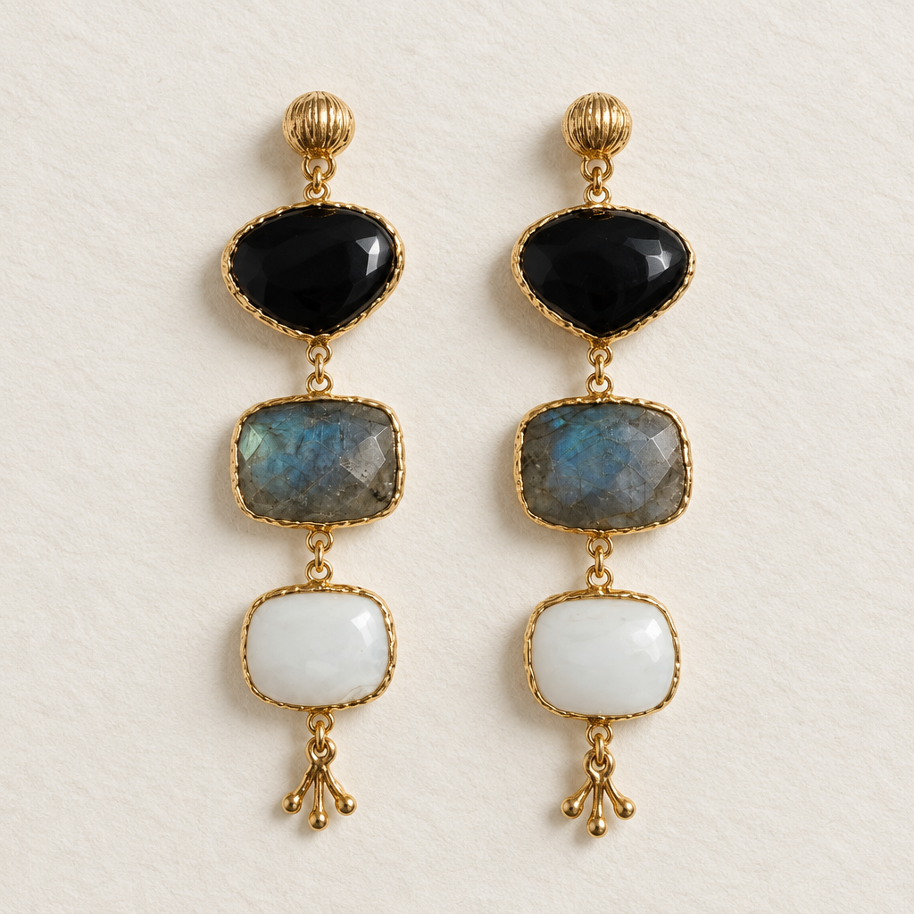 GAS BIJOUX - BOUCLES D'OREILLES SILENE DORÉES - ONYX, LABRADORITE, AGATE BLANCHE