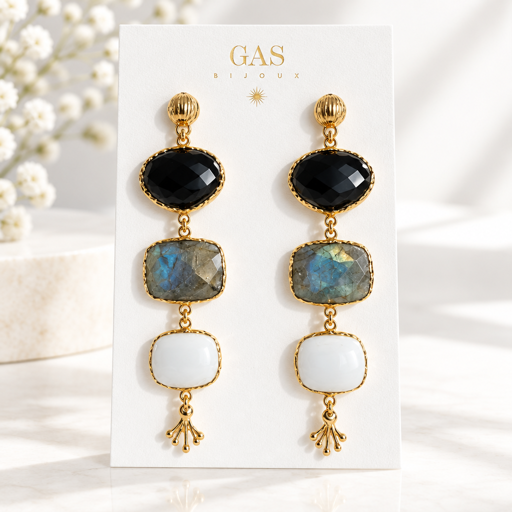 GAS BIJOUX - BOUCLES D'OREILLES SILENE DORÉES - ONYX, LABRADORITE, AGATE BLANCHE