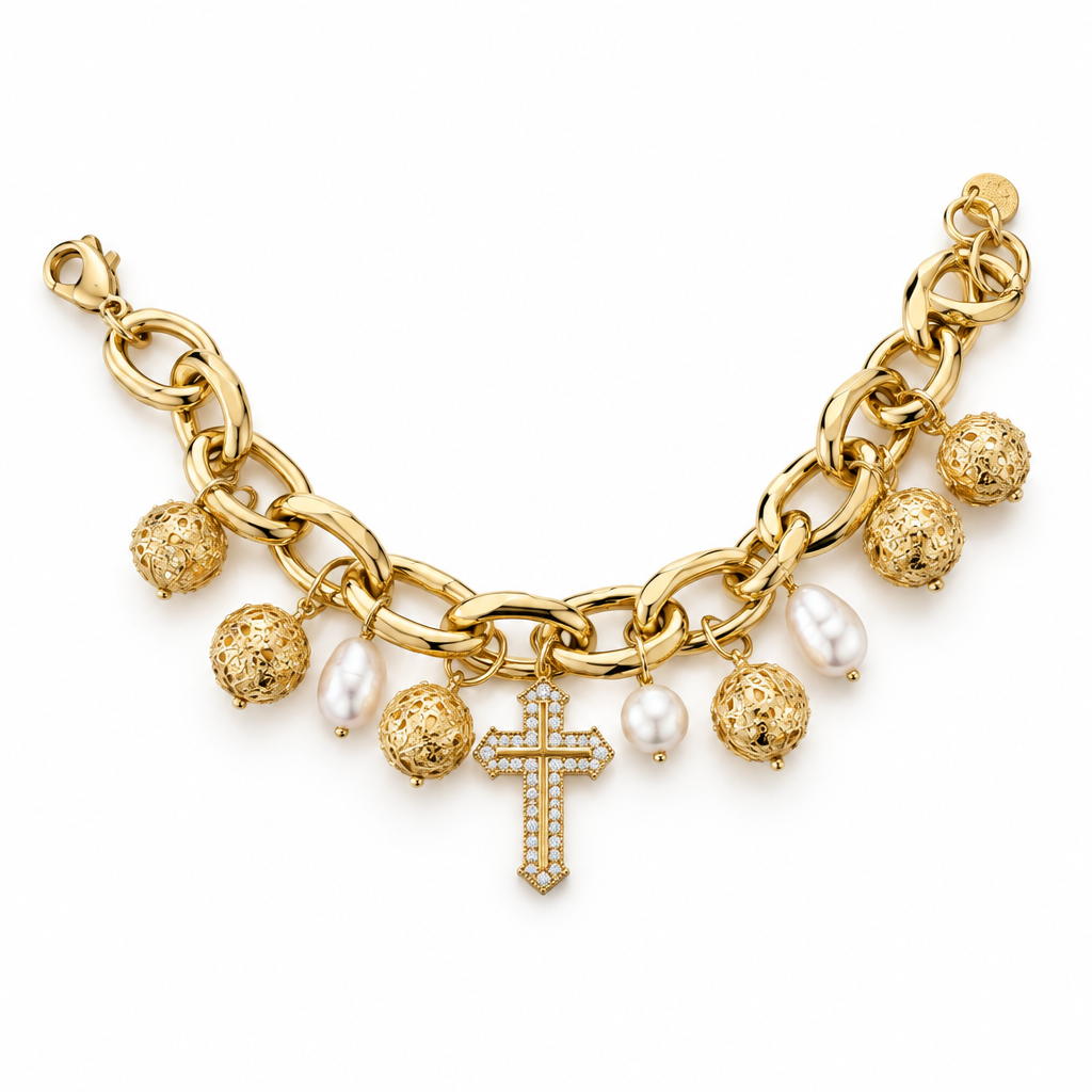 JORGINA - BRACLEET DORÉ AVEC CHARMS CROIX - BOULES DORÉES ET PERLES D'EAU DOUCE