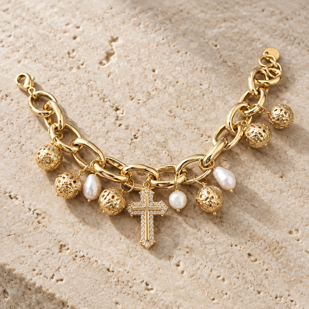 JORGINA - BRACLEET DORÉ AVEC CHARMS CROIX - BOULES DORÉES ET PERLES D'EAU DOUCE