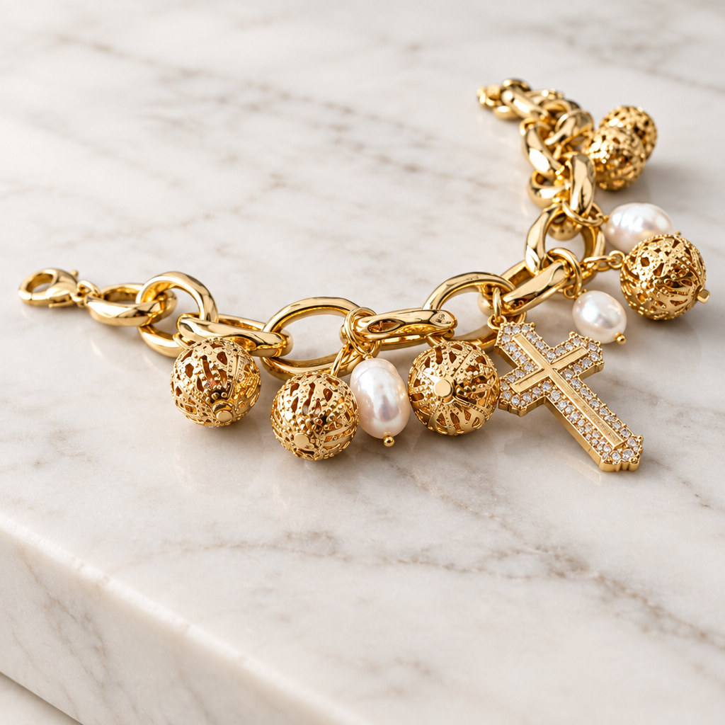 JORGINA - BRACLEET DORÉ AVEC CHARMS CROIX - BOULES DORÉES ET PERLES D'EAU DOUCE