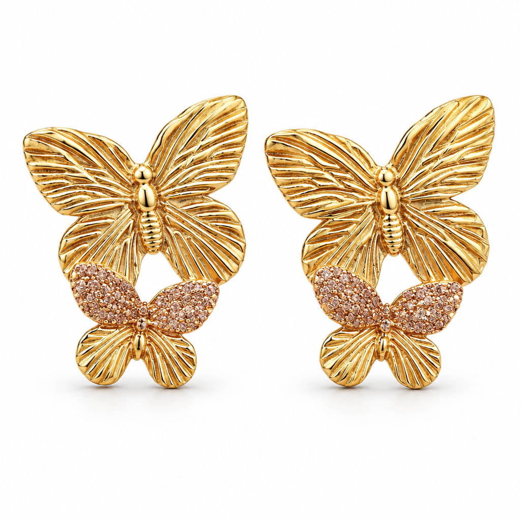 JORGINA - BOUCLES D'OREILLES PAPILLON DOUBLE DORÉES AVEC PAILLETTES - 3 VERSIONS