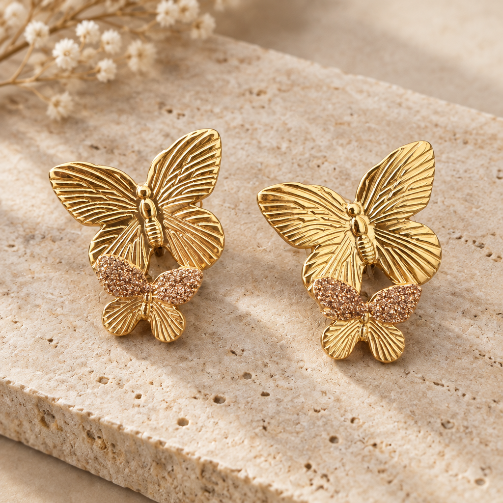 JORGINA - BOUCLES D'OREILLES PAPILLON DOUBLE DORÉES AVEC PAILLETTES - 3 VERSIONS