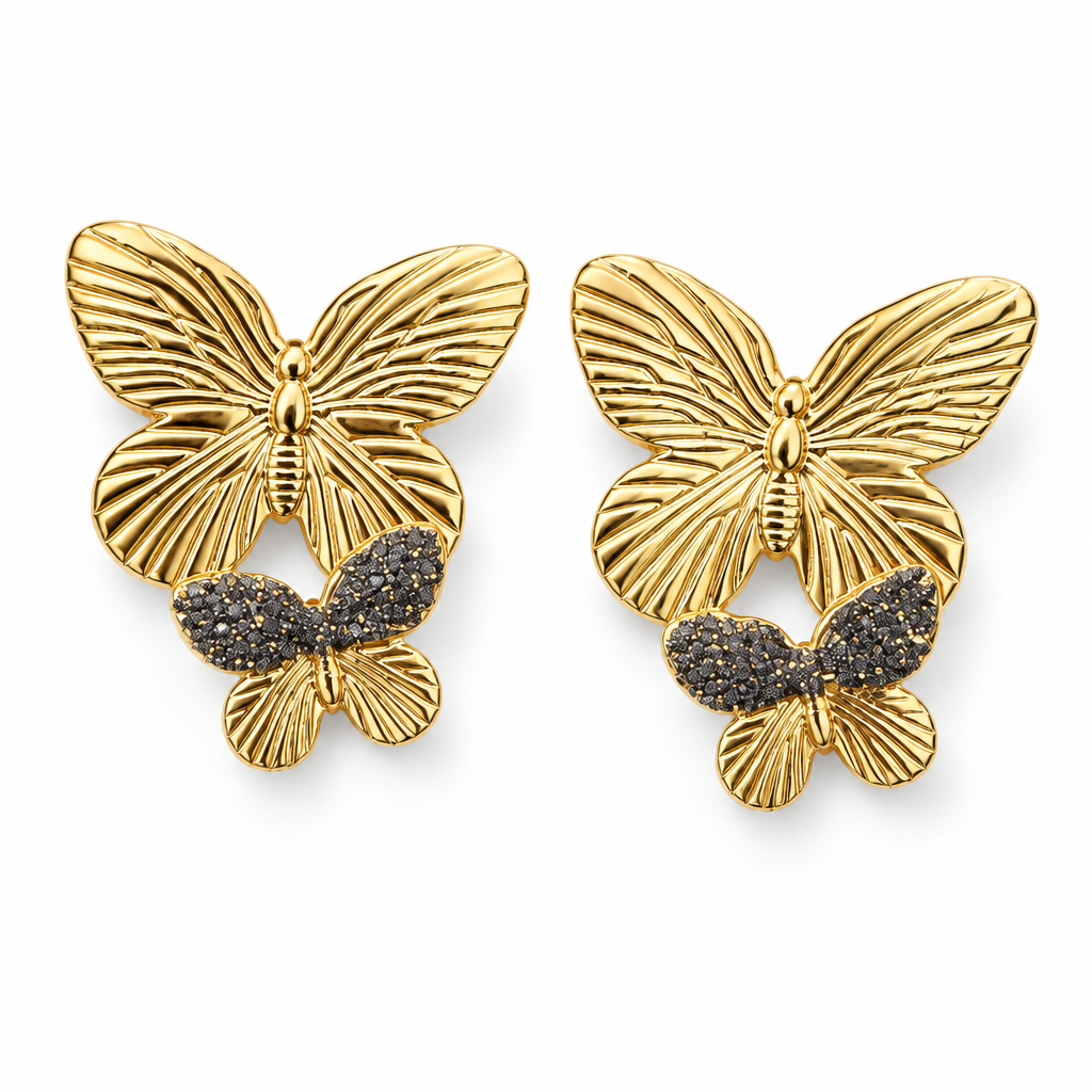 JORGINA - BOUCLES D'OREILLES PAPILLON DOUBLE DORÉES AVEC PAILLETTES - 3 VERSIONS