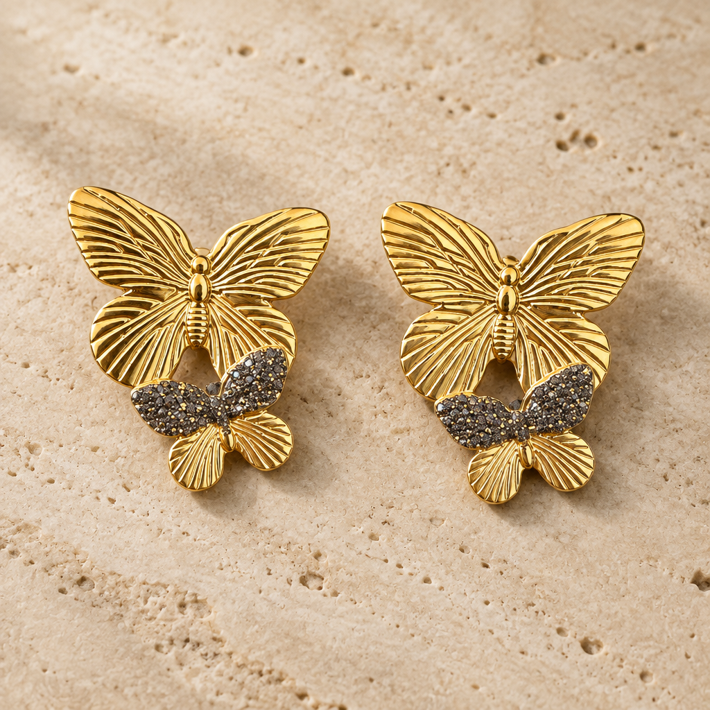 JORGINA - BOUCLES D'OREILLES PAPILLON DOUBLE DORÉES AVEC PAILLETTES - 3 VERSIONS