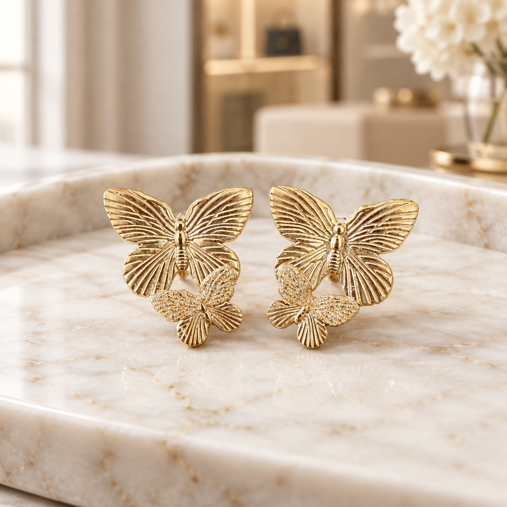 JORGINA - BOUCLES D'OREILLES PAPILLON DOUBLE DORÉES AVEC PAILLETTES - 3 VERSIONS