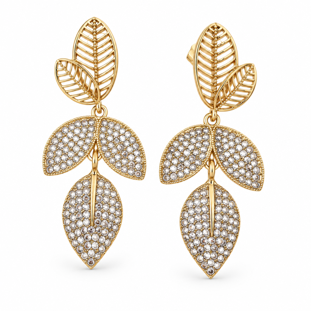 JORGINA - BOUCLES D'OREILLES DORÉES AVEC FEUILLES AVEC CRIXTAUX blanc