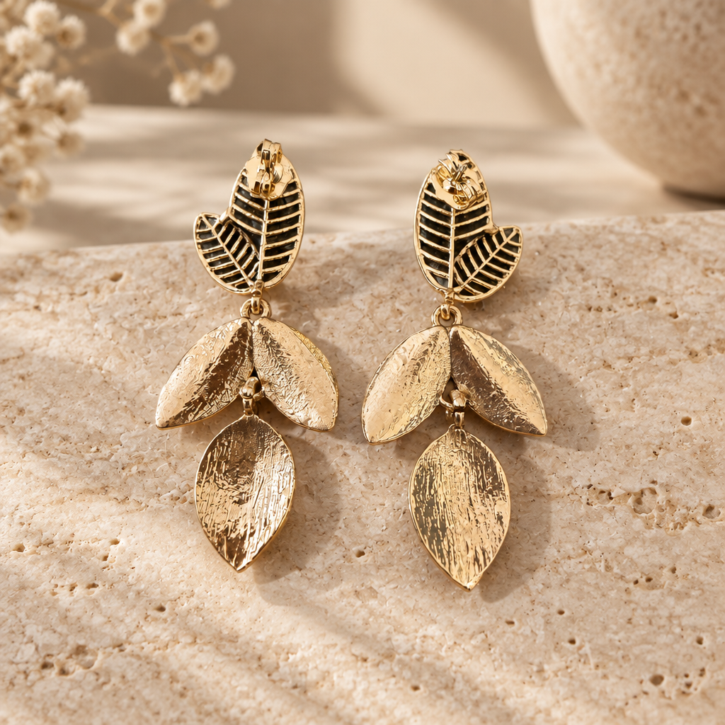 JORGINA - BOUCLES D'OREILLES DORÉES AVEC FEUILLES AVEC CRIXTAUX blanc