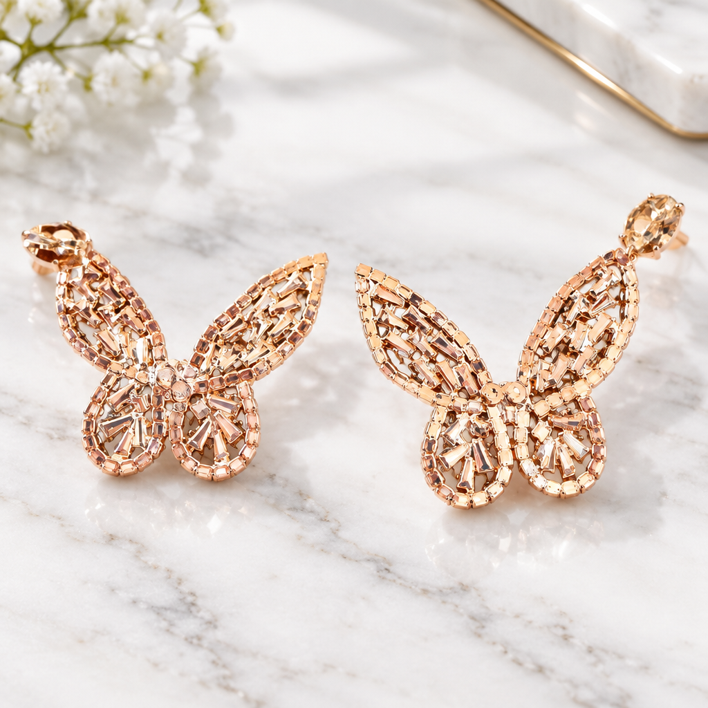 JORGINA - BOUCLES D'OREILLES DORÉES PAPILLONS STRASSÉES