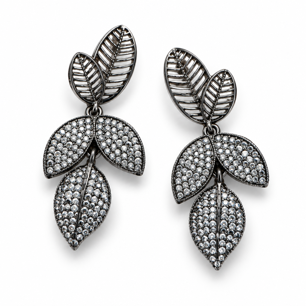 JORGINA - BOUCLES D'OREILLES FEUILLES AVEC CRISTAUX NOIRS