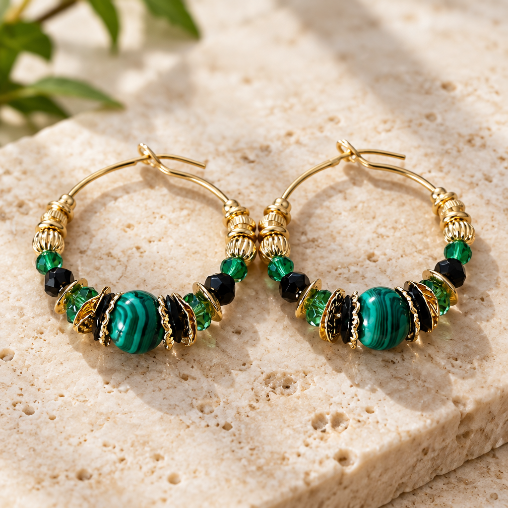 GAS BIJOUX - BOUCLES D'OREILLES CREOLES DORÉES - TONS DE VERTS