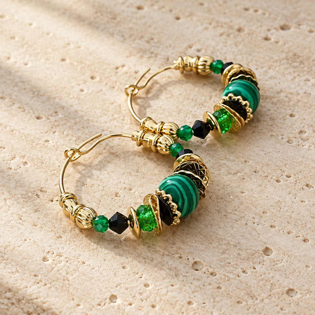 GAS BIJOUX - BOUCLES D'OREILLES CREOLES DORÉES - TONS DE VERTS