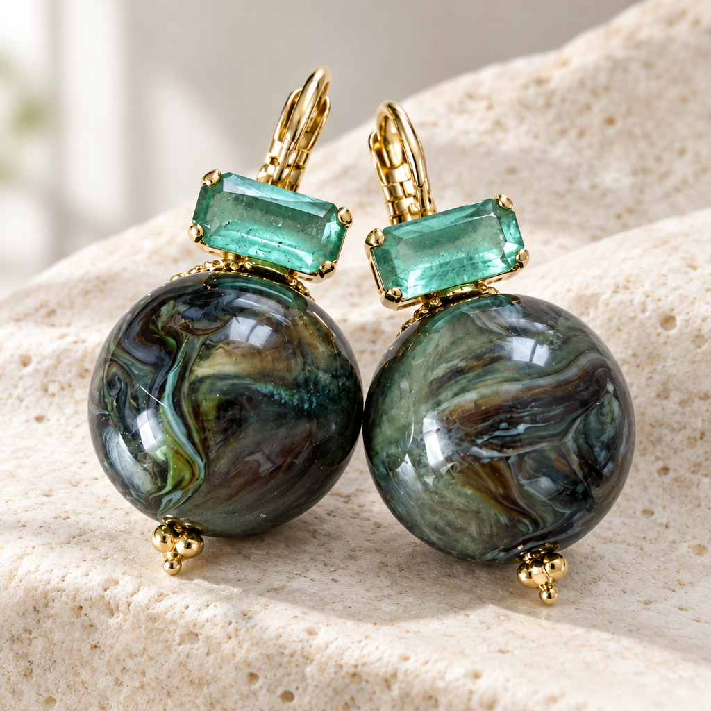 GAS BIJOUX - BOUCLES D'OREILLES DECALCIA DORÉES - KAKI CRISTAL VERT MENTHE