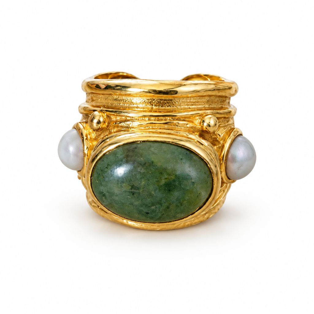 GAS BIJOUX - BAGUE SIMONE DORÉE - AGATE MOUSSE ET CALCEDOINE BLEUE - TAILLE M