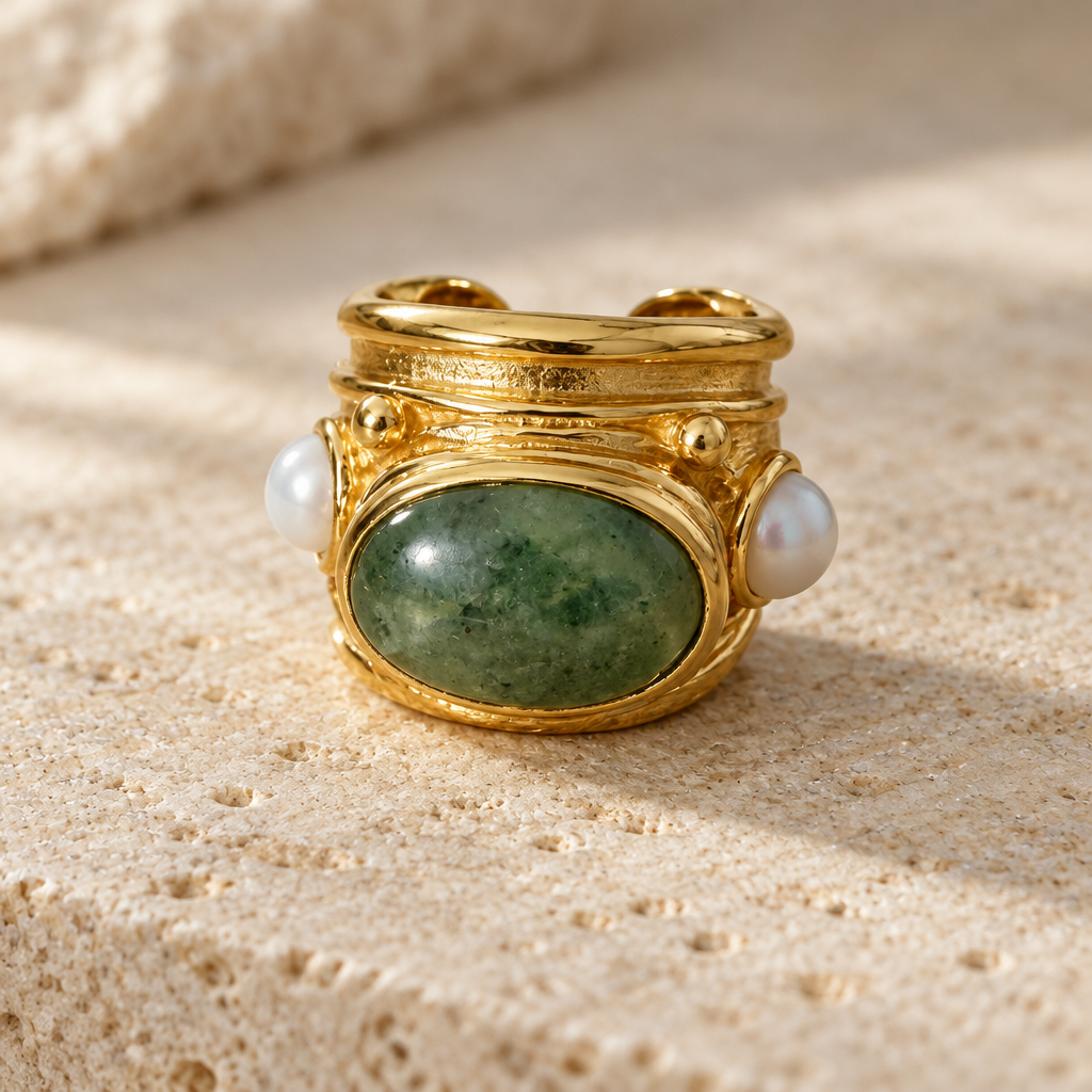 GAS BIJOUX - BAGUE SIMONE DORÉE - AGATE MOUSSE ET CALCEDOINE BLEUE - TAILLE M