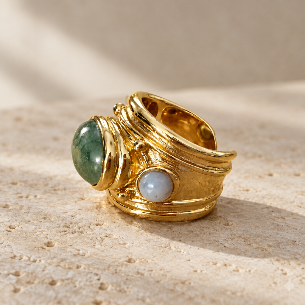 GAS BIJOUX - BAGUE SIMONE DORÉE - AGATE MOUSSE ET CALCEDOINE BLEUE - TAILLE M